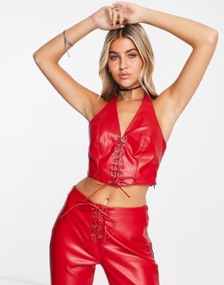 ASOS DESIGN faux leather lace up top in red - part of a set
