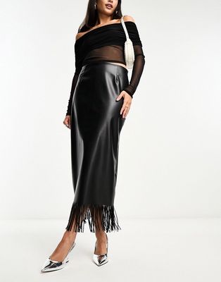 ASOS DESIGN faux leather maxi skirt with fringing in black