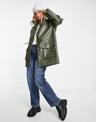 ASOS DESIGN faux leather parka coat in olive-Green