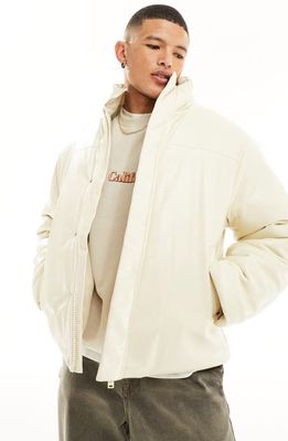 ASOS DESIGN Faux Leather Puffer Jacket in Beige