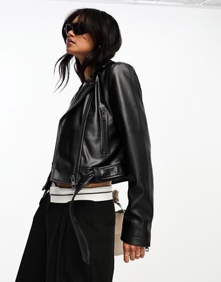 ASOS DESIGN faux leather shrunken moto jacket with belt in black
