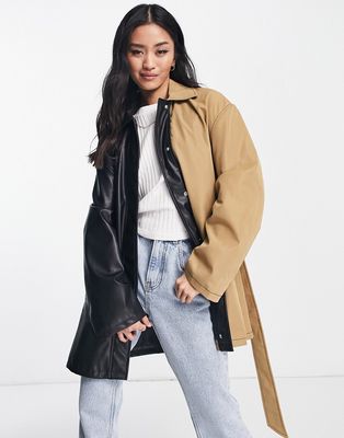 ASOS DESIGN faux leather spliced jacket in stone and black-Brown