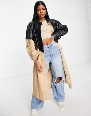 ASOS DESIGN faux leather spliced trench in stone-Neutral