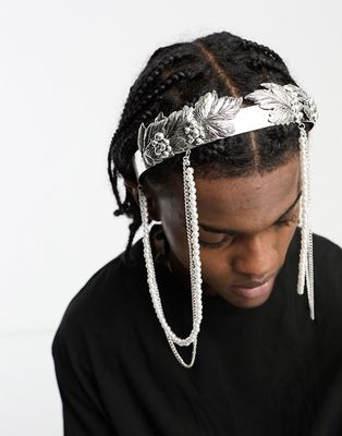 ASOS DESIGN festival leaf head crown with faux pearl and chain details in silver tone