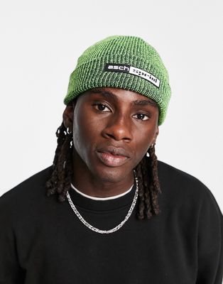 ASOS DESIGN fisherman ribbed beanie in neon and black twist with rubber patch-Multi