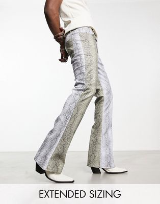 ASOS DESIGN flare jeans in gray snake print croc leather look with contrast panels