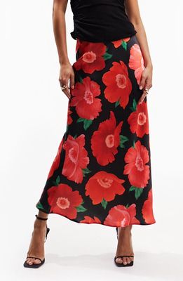 ASOS DESIGN Floral Bias Cut Satin Skirt in Black