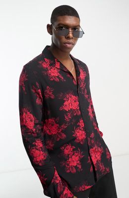 ASOS DESIGN Floral Button-Up Shirt in Black