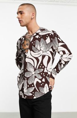 ASOS DESIGN Floral Button-Up Shirt in Brown
