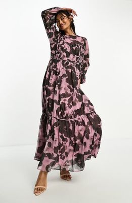 ASOS DESIGN Floral Channel Waist Long Sleeve Maxi Dress in Purple Multi