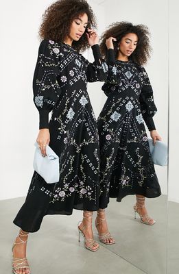 ASOS DESIGN Floral Embroidered Long Sleeve Cotton Dress in Black
