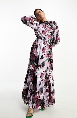 ASOS DESIGN Floral Jacquard Long Sleeve Maxi Dress in Purple