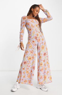 ASOS DESIGN Floral Long Sleeve Crepe Jumpsuit in Lilac