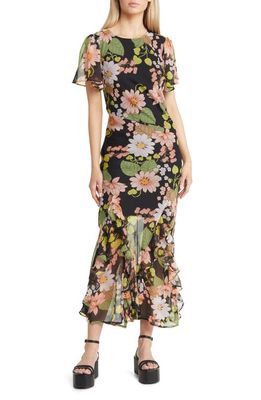 ASOS DESIGN Floral Print Ruffle Asymmetric Waist Maxi Dress in Black
