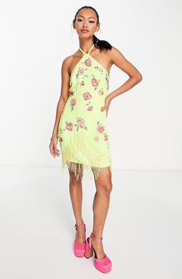 ASOS DESIGN Floral Print Sequin Fringe Halter Dress in Medium Green