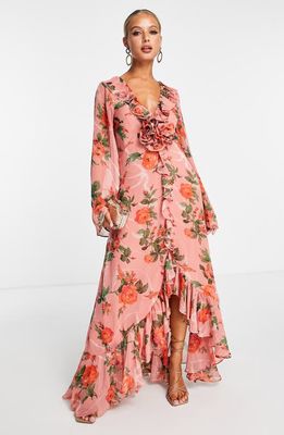 ASOS DESIGN Floral Ruffle Long Sleeve Maxi Dress in Pink