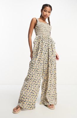 ASOS DESIGN Floral Smocked Bodice Cotton Jumpsuit in White Multi