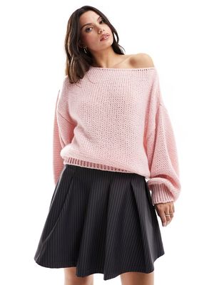 ASOS DESIGN fluffy knit asymmetric oversized sweater in pink