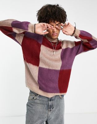 ASOS DESIGN fluffy knit checkerboard sweater in burgundy & beige-Multi