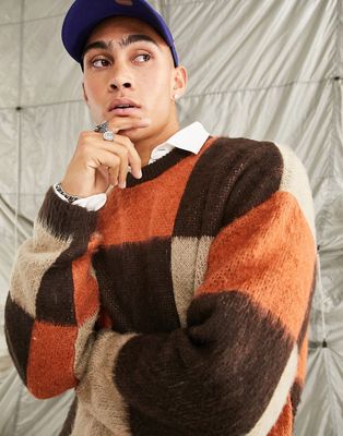 ASOS DESIGN fluffy knit checkerboard sweater in orange & gray-Multi