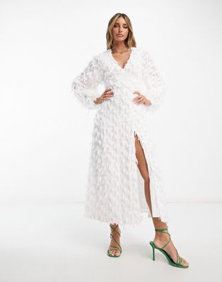 ASOS DESIGN fluffy midi dress with pleated waistbelt in cream-White