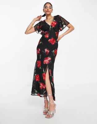 ASOS DESIGN fluted sleeve maxi dress with cut-out back in jacquard rose print-Multi