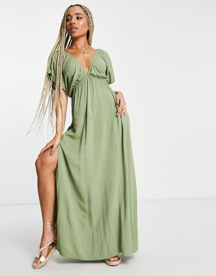 ASOS DESIGN flutter sleeve maxi beach dress in khaki - KHAKI-Green