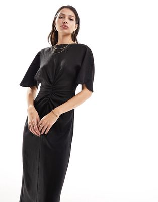 ASOS DESIGN flutter sleeve midi dress with ruching detail in black