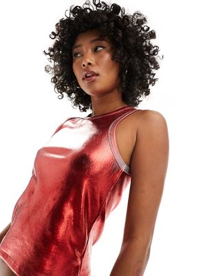 ASOS DESIGN foil coated ribbed tank top in red