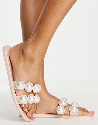 ASOS DESIGN Foxhill faux pearl jelly flat sandals in beige - BEIGE-Neutral