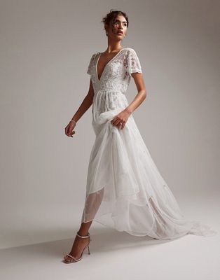 ASOS DESIGN Frankie beaded mesh plunge cap sleeve wedding dress in ivory-White