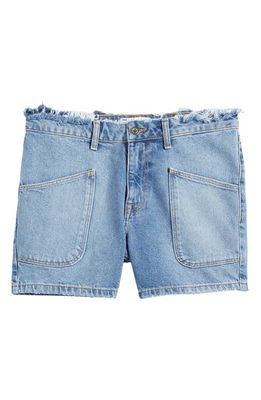 ASOS DESIGN Fray Waist Denim Shorts in Medium Blue