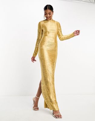 ASOS DESIGN fringe long sleeve maxi dress in gold
