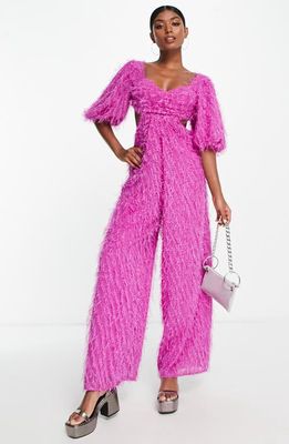 ASOS DESIGN Fringe Puff Sleeve Cutout Jumpsuit in Bright Pink