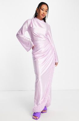 ASOS DESIGN Fringe Trim Long Sleeve Faux Wrap Dress in Lilac