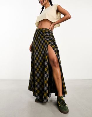 ASOS DESIGN full maxi skirt with high side split in check-Multi