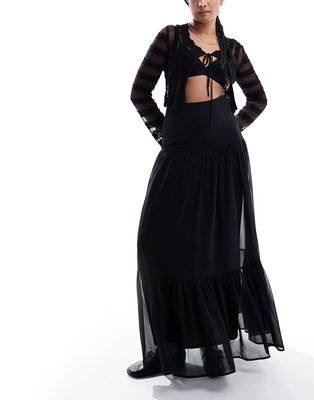 ASOS DESIGN full tiered winter prairie skirt maxi in black