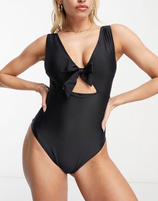 ASOS DESIGN Fuller Bust cut out swimsuit with tie detail in black