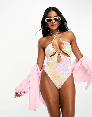 ASOS DESIGN gathered ruche cut out swimsuit in pastel ditsy floral-Multi