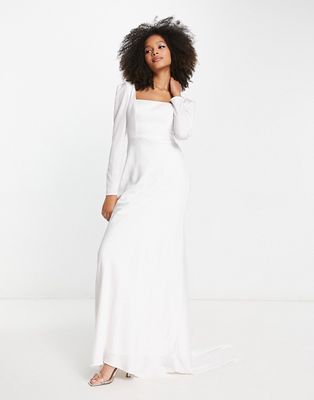 ASOS DESIGN Gigi satin square neck long sleeve wedding dress in ivory-White