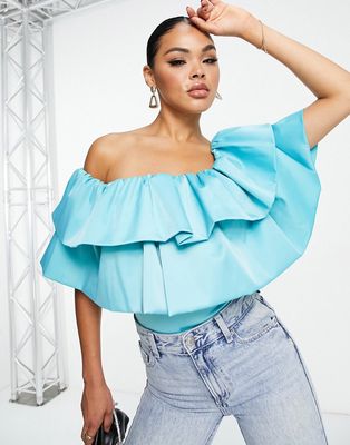 ASOS DESIGN Going Out ultimate off shoulder double ruffle bodysuit in blue