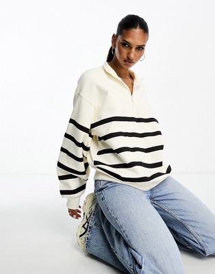ASOS DESIGN half zip striped sweatshirt in ecru-White