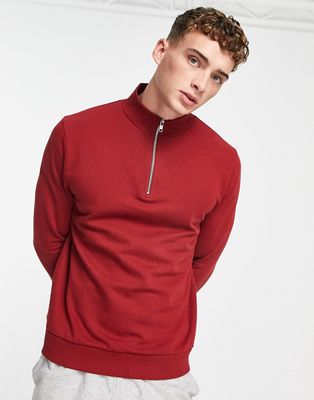 ASOS DESIGN half zip sweatshirt in burgundy-Red