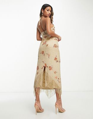 ASOS DESIGN halter embellished midi dress with floral beading detail in cream-Neutral