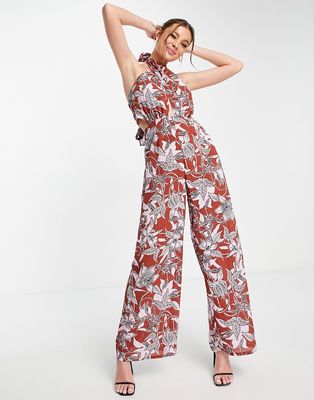 ASOS DESIGN halterneck cut out jumpsuit in floral print-Multi