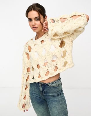 ASOS DESIGN hand knitted high neck sweater with open cable detail in cream-White
