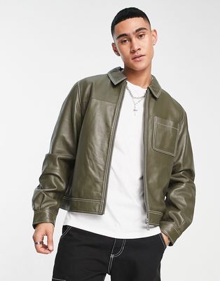 ASOS DESIGN harrington leather jacket in green with contrast stitch