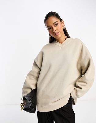 ASOS DESIGN Heavy weight oversized sweat with v-neck in stone-Neutral