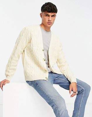 ASOS DESIGN heavyweight cable knit cardigan in ecru-White