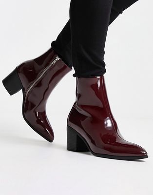 ASOS DESIGN heeled chelsea boot in burgundy patent faux leather with contrast sole-Red